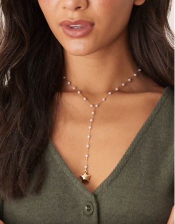 pearl lariat necklace with star pendant in gold